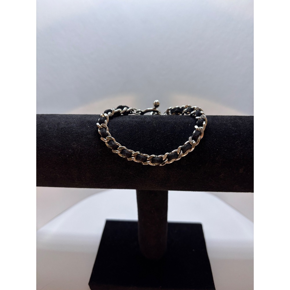 Silver Tone Woven Chain Bracelet Black Ribbon Toggle Clasp Accessory